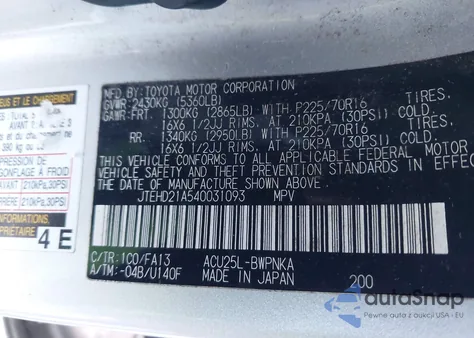 2004 Toyota Highlander from USA, damaged, VIN JTEHD21A540031093